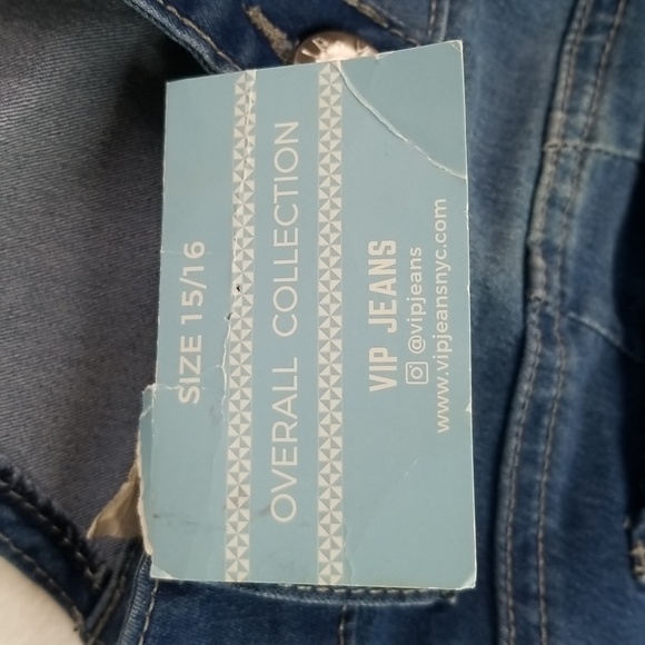 Size 15/16 V.I.P. Jeans Distressed Blue Removable Strap UNISEX Overalls - Picture 8 of 15